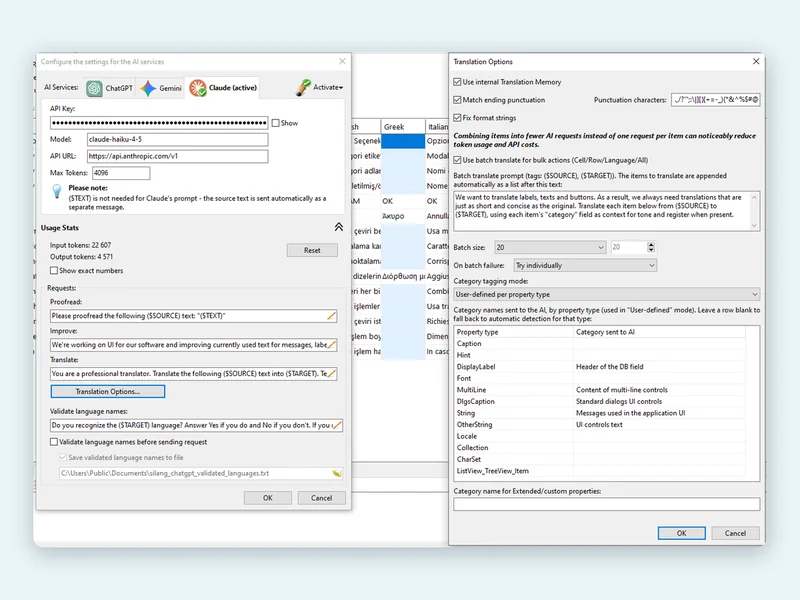 TsiLang AI service settings with ChatGPT, Gemini and Claude, and translation options mapping each property type to a category sent to the AI