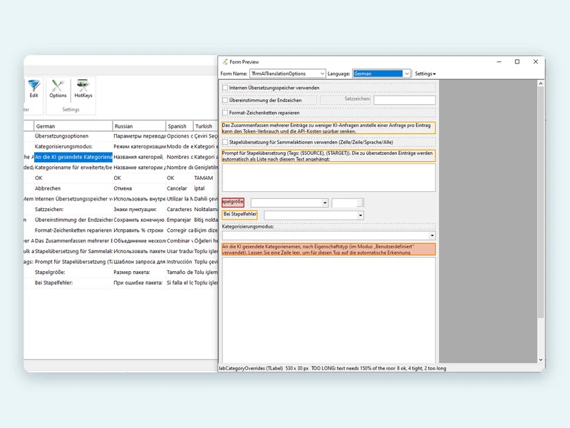 SIL Editor with Real Form Preview showing a form in German, with labels that do not fit highlighted in red and orange