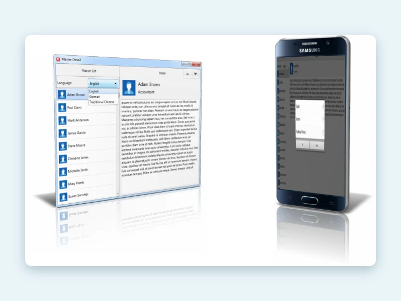 The same FireMonkey application localized with TsiLang running on Windows and on an Android phone