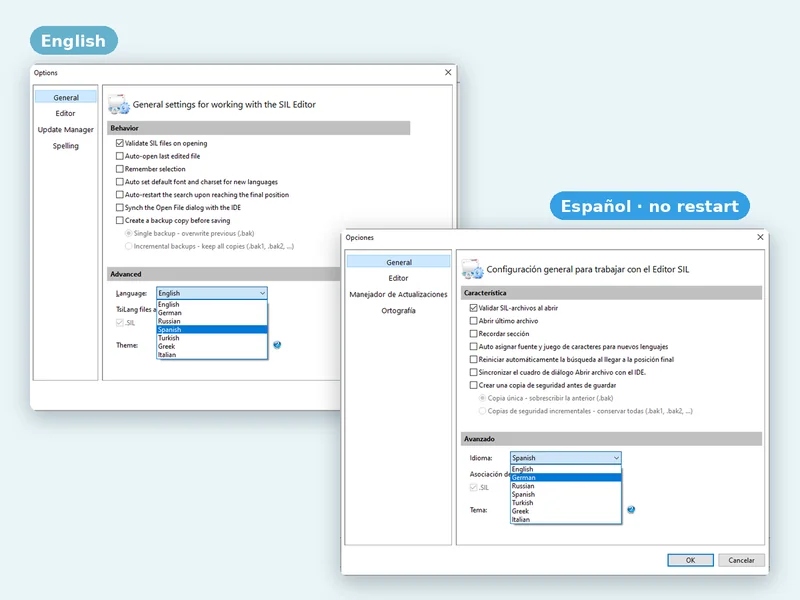 SIL Editor Options dialog shown in English and, after switching the language at runtime, in Spanish