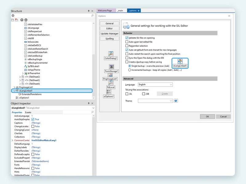 RAD Studio form designer with the siLangLinked1 TsiLang component selected in the Structure view and Object Inspector