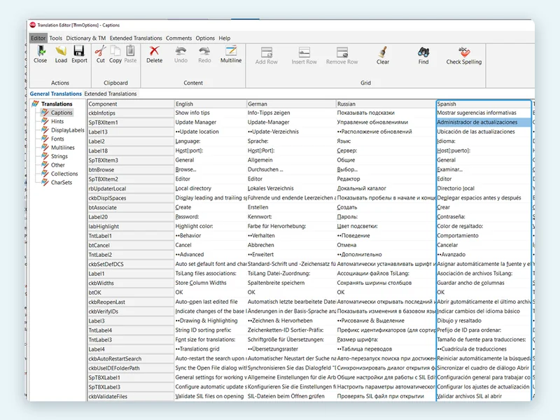 TsiLang Translation Editor showing the Options form captions in English, German, Russian, Spanish, Turkish, Greek and Italian